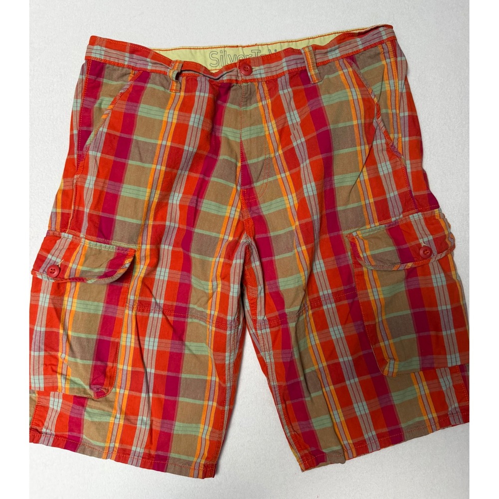 Levi's SilverTab Mens Plaid Cargo Shorts Orange Red Size 38 Cotton Relaxed Fit